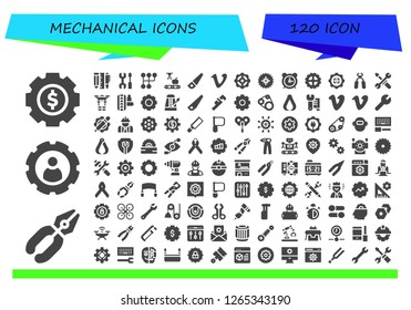  mechanical icon set. 120 filled mechanical icons. Simple modern icons about  - Settings, Pliers, Tools, Gearshift, Mechanical arm, Saw, Vimeo, Gear, Alarm clock, Drone, Suspension