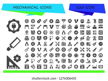  mechanical icon set. 120 filled mechanical icons. Simple modern icons about  - Gear, Settings, Saw, Pliers, Automaton, Vimeo, Worker, Gearshift, Suspension, Drone, Robot, Setting