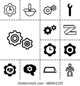 Mechanical icon. set of 13 filled and outline mechanical icons such as gear, heart in gear, wrench, hacksaw, robot