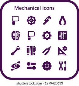  mechanical icon set. 16 filled mechanical icons. Simple modern icons about  - Saw, Settings, Wrench, Pliers, Cyborg, Tools, Bionic eye, Gear
