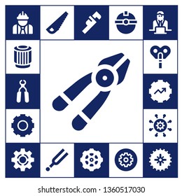 mechanical icon set. 17 filled mechanical icons.  Collection Of - Worker, Pulley, Pliers, Plier, Gear, Automaton, Settings, Setting, Saw, Tuning, Wrench