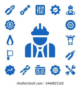 mechanical icon set. 17 filled mechanical icons.  Simple modern icons about  - Pliers, Settings, Worker, Saw, Drone, Gear, Suspension, Alarm clock