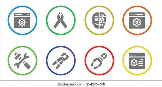 mechanical icon set. 8 filled mechanical icons.  Collection Of - Settings, Tools, Pliers, Cyborg, Setting icons