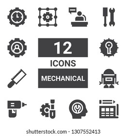 mechanical icon set. Collection of 12 filled mechanical icons included Blueprint, Fixed, Screwdriver, Drill, Robot, Saw, Settings, Tools, Setting, Worker