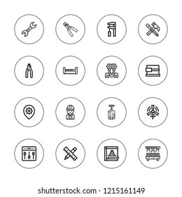 Mechanical icon set. collection of 16 outline mechanical icons with configuration, dynamo, engineer, eolic energy, maintenance, pistons, pliers, robot arm, saw icons.