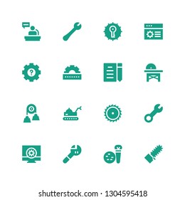 mechanical icon set. Collection of 16 filled mechanical icons included Mechanical saw, Tools, Wrench, Configuration, Saw, Robot, Pulley, Draft, Cogwheel, Settings, Worker