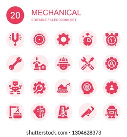 mechanical icon set. Collection of 20 filled mechanical icons included Tuning, Saw, Settings, Stop watch, Alarm clock, Wrench, Eolical, Engineering, Setting, Robot, Fixed, Maintenance