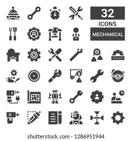 mechanical icon set. Collection of 32 filled mechanical icons included Settings, Cross wrench, Cyborg, Draft, d printing pen, Drill, Worker, Wrench, Robot, Blueprint, Saw, Pulley