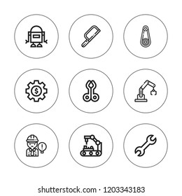 Mechanical icon set. collection of 9 outline mechanical icons with gear, engineer, robot arm, robot, saw, settings, tool icons. editable icons.