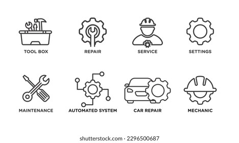 mechanical icon set. tool box, repair, service, settings, maintenance, automated system, car repair, and mechanic, outlined vector icon collection