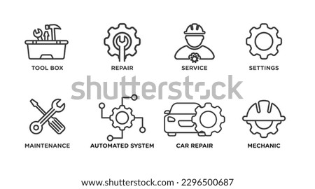 mechanical icon set. tool box, repair, service, settings, maintenance, automated system, car repair, and mechanic, outlined vector icon collection