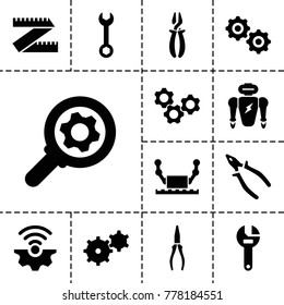 Mechanical icons. set of 13 editable filled mechanical icons such as wrench, pliers, measure ruler, gear, robot