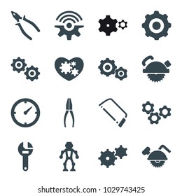 Mechanical icons. set of 16 editable filled mechanical icons such as wrench, saw blade, hacksaw, pliers, robot, gear, clock