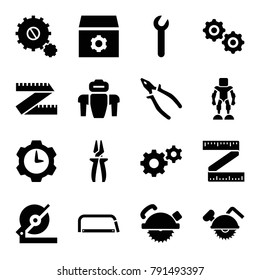 Mechanical icons. set of 16 editable filled mechanical icons such as gear, circular saw, saw blade, pliers, measure ruler, wrench, gear clock, hacksaw