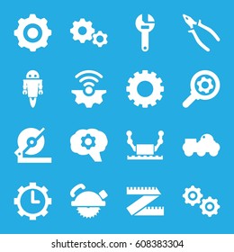 Mechanical icons set. set of 16 mechanical filled icons such as gear, wrench, circular saw, saw blade, pliers, clock in gear, robot