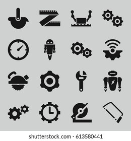 Mechanical icons set. set of 16 mechanical filled icons such as gear, wrench, circular saw, saw blade, hacksaw, clock in gear, clock, robot