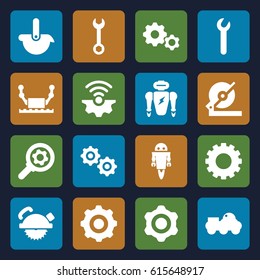Mechanical icons set. set of 16 mechanical filled icons such as gear, wrench, circular saw, saw blade, gear    sign symb, robot