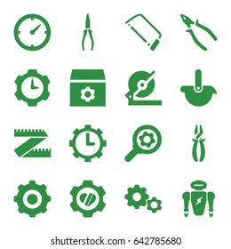 Mechanical icons set. set of 16 mechanical filled icons such as gear, circular saw, hacksaw, pliers, heart in gear, clock, robot