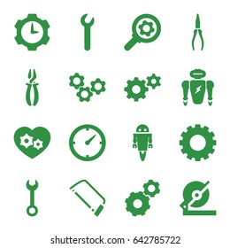 Mechanical icons set. set of 16 mechanical filled icons such as gear, wrench, circular saw, hacksaw, pliers, gear heart, clock, robot