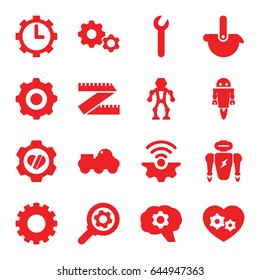 Mechanical icons set. set of 16 mechanical filled icons such as gear, heart in gear, robot, wrench