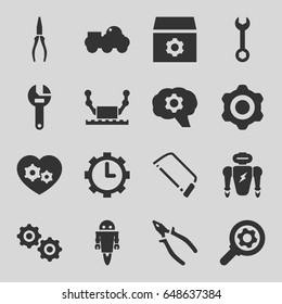 Mechanical icons set. set of 16 mechanical filled icons such as gear, wrench, hacksaw, pliers, gear heart, clock in gear