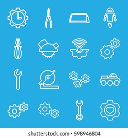mechanical icons set. Set of 16 mechanical outline icons such as gear, wrench, circular saw, saw blade, hacksaw, pliers, heart in gear