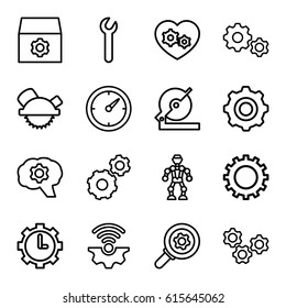 Mechanical icons set. set of 16 mechanical outline icons such as gear, circular saw, saw blade, gear heart, clock, wrench