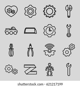 Mechanical icons set. set of 16 mechanical outline icons such as gear, wrench, hacksaw, pliers, gear heart, robot