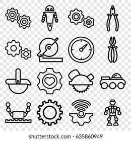 Mechanical icons set. set of 16 mechanical outline icons such as gear, circular saw, saw blade, pliers, heart in gear, clock