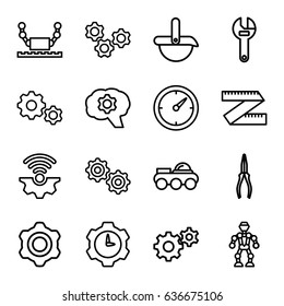 Mechanical icons set. set of 16 mechanical outline icons such as gear, wrench, pliers, clock, robot, gear clock, gear connection
