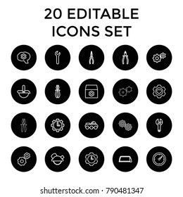 Mechanical icons. set of 20 editable outline mechanical icons such as gear, wrench, saw blade, hacksaw, pliers. best quality mechanical elements in trendy style.