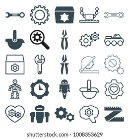 Mechanical icons. set of 25 editable filled and outline mechanical icons such as pliers, measure ruler, gear, robot, gear clock, wrench