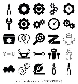 Mechanical icons. set of 25 editable filled and outline mechanical icons such as gear, circular saw, pliers, measure ruler, clock, gear    sign symb, robot
