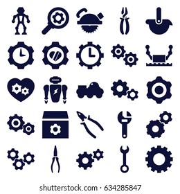 Mechanical icons set. set of 25 mechanical filled icons such as gear, wrench, saw blade, pliers, heart in gear