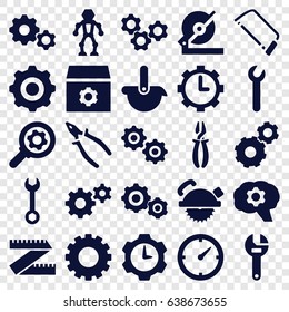 Mechanical icons set. set of 25 mechanical filled icons such as gear, wrench, circular saw, saw blade, hacksaw, pliers, clock in gear, clock, robot