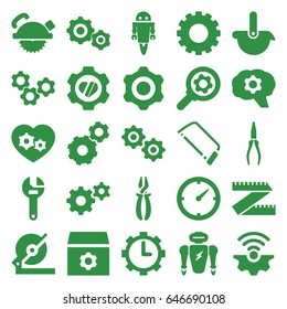 Mechanical icons set. set of 25 mechanical filled icons such as gear, wrench, circular saw, saw blade, hacksaw, pliers, heart in gear, clock, robot