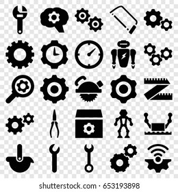 Mechanical icons set. set of 25 mechanical filled icons such as gear, wrench, saw blade, hacksaw, pliers, clock, gear    sign symb, robot