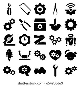 Mechanical icons set. set of 25 mechanical filled icons such as gear, circular saw, saw blade, hacksaw, pliers, gear heart, robot, wrench