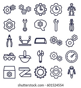 mechanical icons set. Set of 25 mechanical outline icons such as gear, wrench, hacksaw, pliers, heart in gear, clock, robot