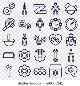 Mechanical icons set. set of 25 mechanical outline icons such as gear, wrench, saw blade, hacksaw, pliers, gear heart, clock, robot