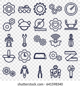 Mechanical icons set. set of 25 mechanical outline icons such as gear, wrench, circular saw, saw blade, hacksaw, pliers, heart in gear, clock, robot