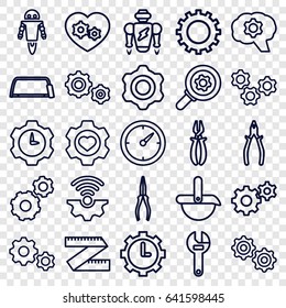 Mechanical icons set. set of 25 mechanical outline icons such as gear, wrench, hacksaw, pliers, heart in gear, clock, robot