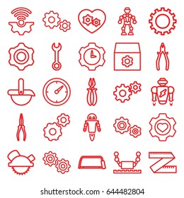 Mechanical icons set. set of 25 mechanical outline icons such as gear, wrench, saw blade, hacksaw, pliers, heart in gear, clock, robot