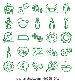 Mechanical icons set. set of 25 mechanical outline icons such as gear, wrench, circular saw, saw blade, hacksaw, pliers, gear heart, robot