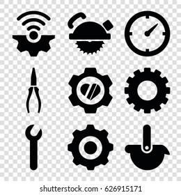 Mechanical icons set. set of 9 mechanical filled icons such as gear, saw blade, pliers, heart in gear, clock, robot