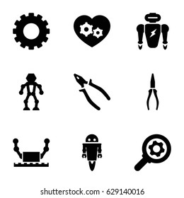Mechanical icons set. set of 9 mechanical filled icons such as gear, pliers, gear heart