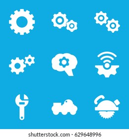 Mechanical icons set. set of 9 mechanical filled icons such as gear, wrench, saw blade, gear    sign symb, robot