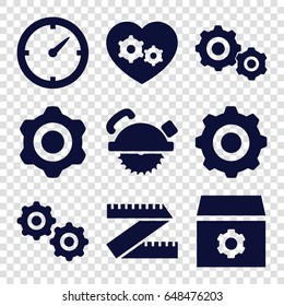 Mechanical icons set. set of 9 mechanical filled icons such as gear, saw blade, gear heart, clock, gear    sign symb