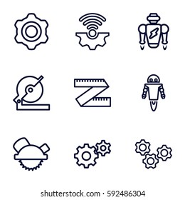 mechanical icons set. Set of 9 mechanical outline icons such as gear, circular saw, saw blade, robot, gear connection
