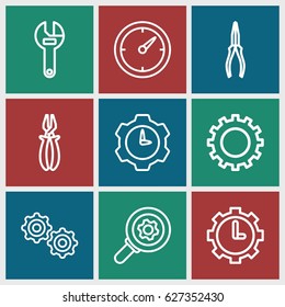 Mechanical icons set. set of 9 mechanical outline icons such as gear, wrench, pliers, clock in gear, clock